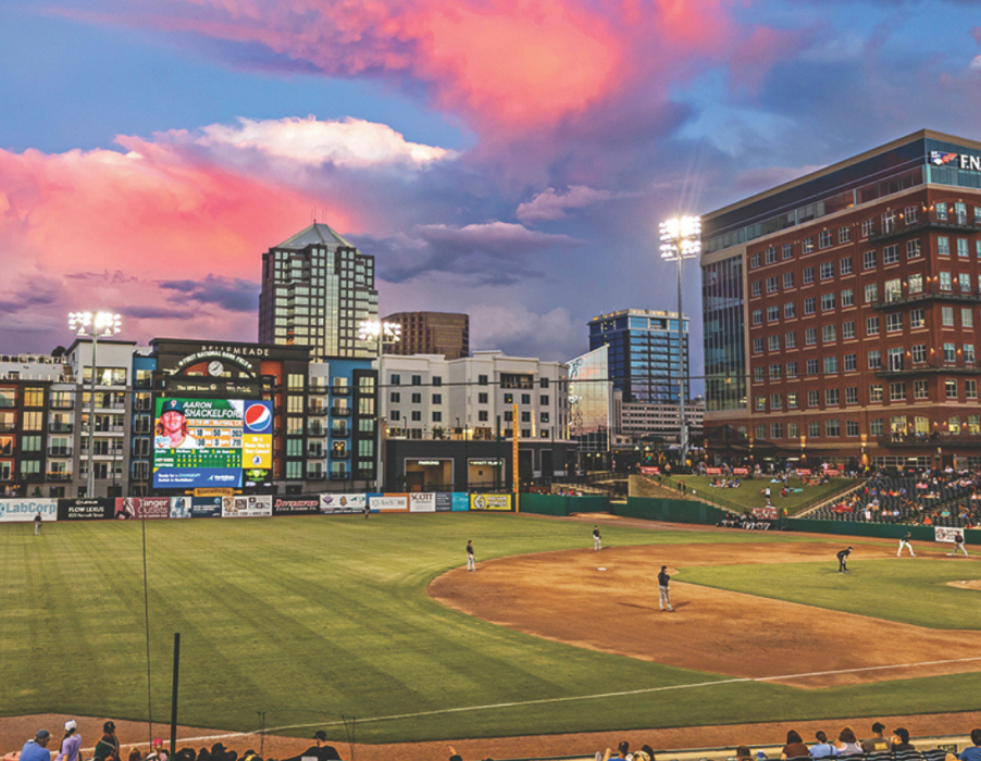 Baseball stadium and city buildings in Greensboro, North Carolina